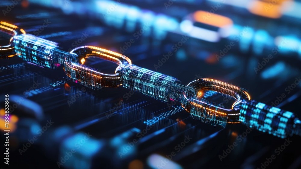 Poster high-tech blockchain security concept with decentralized data nodes.