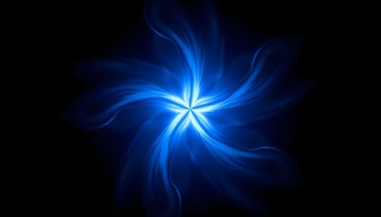 A mesmerizing abstract glowing blue flower blooms against a stark black background in a stunning fractal art creation, appearing to pulse and radiate light in a three dimensional rendering.