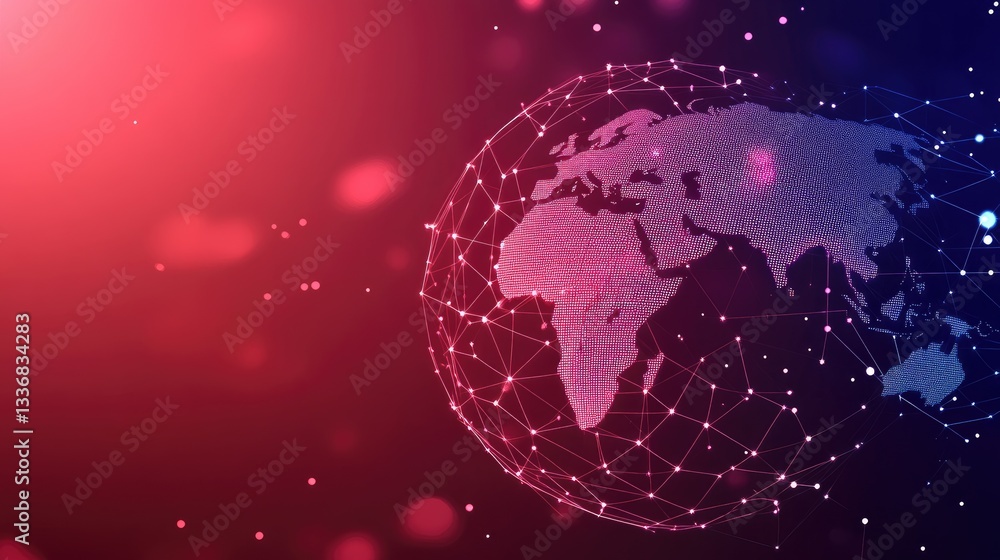 Poster high-tech data center with digital holograms of a global communication grid.