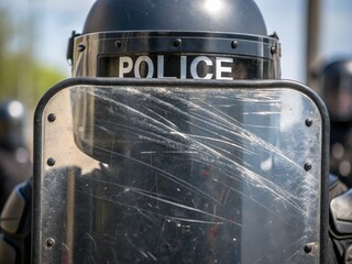 A police officer in riot gear stands behind a scratched shield, indicating a tense situation likely related to crowd control.