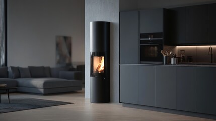 Modern Cylindrical Fireplace in a Minimalist Living Space