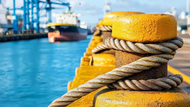 Vibrant marine dock featuring bright yellow bollards and clear blue water, capturing the essence of a bustling port and maritime activity under a serene sky.