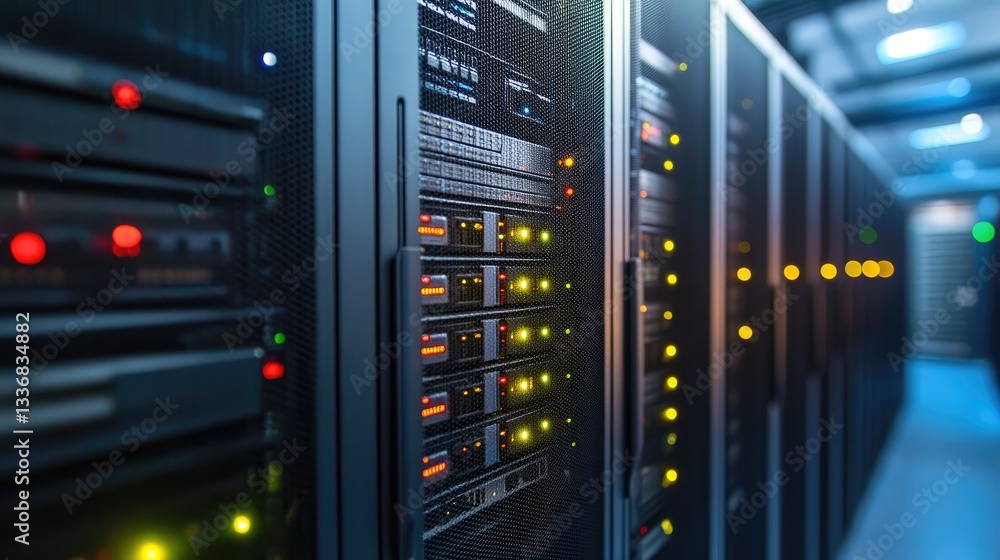Poster high-tech server racks with blinking led indicators in a modern data center.
