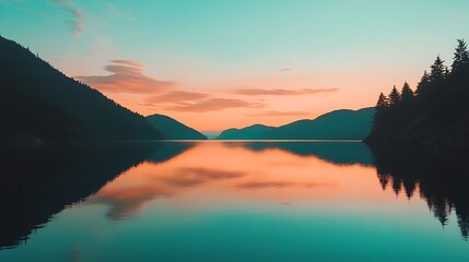 Fototapeta premium Serene twilight lake glows with the last light of day, embraced by the shadowy outline of mountains.