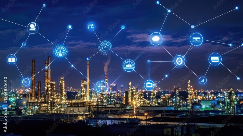 Poster industrial iot network visualized with factory automation and smart devices.