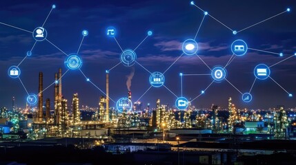 Industrial IoT network visualized with factory automation and smart devices.