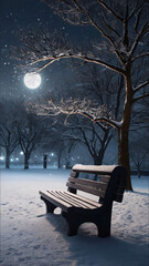 In this wintry night scene, a snow covered bench sits beneath a bare tree with snow laden branches.