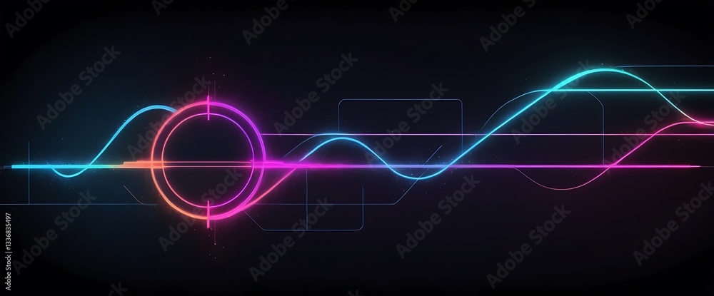 Poster soundwave symphony: an abstract digital representation of sound waves pulses with vibrant neon hues 
