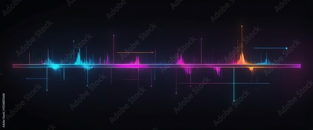 Poster vibrant audio spectrum: a dynamic visualization of sound waves dances across a dark canvas, rendered