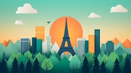 Paris Climate Agreement Infographic - Urban Skyline, Nature Backdrop Depicting Environmental Goals