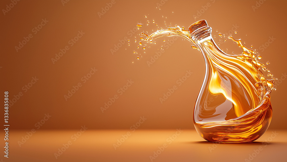 Poster dynamic splash of caramel liquid flows from glass bottle, creating eye catching visual against warm 