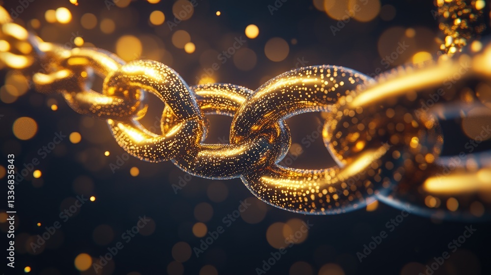 Poster interlocked golden chain link icons floating in a dark space with a soft light effect.