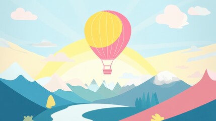 Fototapeta premium A Colorful Mountain Landscape with a Hot Air Balloon