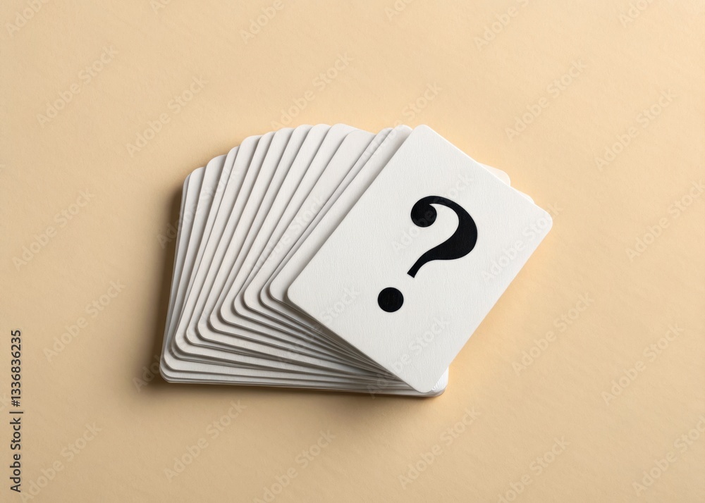 Poster stack of question mark cards on a beige background, symbolizing uncertainty or quiz themes.