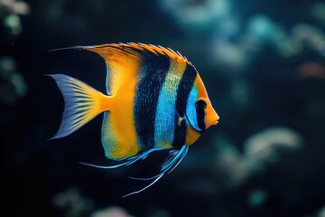 Naklejka premium Elegant Angel Fish: Isolated Aquatic Beauty on Dark Canvas