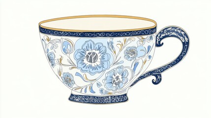 Exquisite Blue and Gold Floral Decorated Teacup - A Timeless Piece of Porcelain