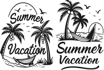 Tropical Summer Escape: A Stunning Black and White Illustration of Palm Trees, Hammocks, and Serene Beaches