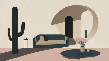 Modern Minimalist Desert Home Interior Illustration with Cacti and Sofa
