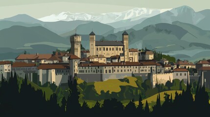 Stunning Illustration of a Picturesque European City Nestled in Majestic Mountains