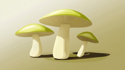 Stunning Illustration of Three Vibrant Green Mushrooms