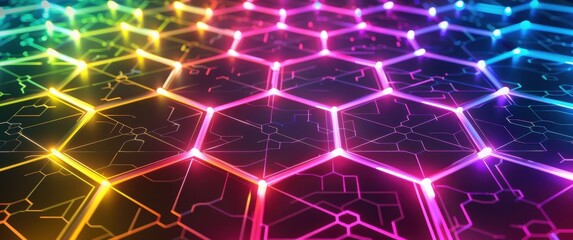 Vibrant neon pathways illuminate a futuristic blockchain grid, an artistic interpretation of digital architecture with glowing hexagonal patterns.