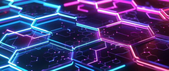 Fototapeta premium Artistic blockchain interpretation glowing hexagons, digital paths, neon lights, clean futuristic design illuminate the digital landscape.