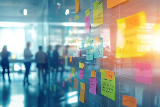 Blurred office team brainstorming session sticky notes meeting work ideas modern design project