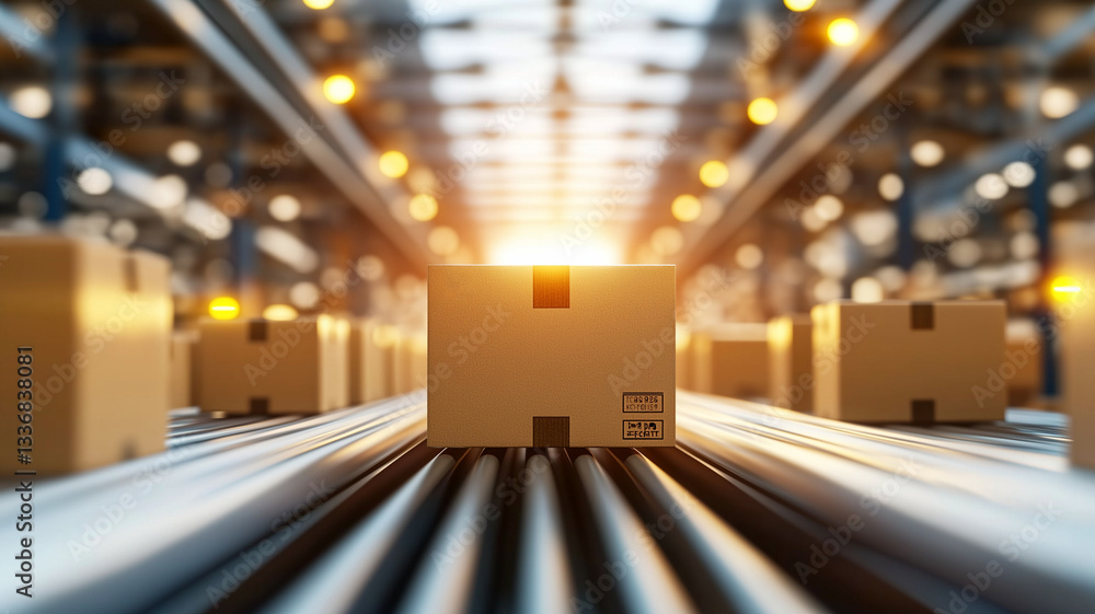 Poster cardboard boxes on conveyor belt in warehouse, illuminated by warm lights, create dynamic and effici