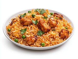 Plate of spicy rice with chicken pieces and green peas garnished with herbs