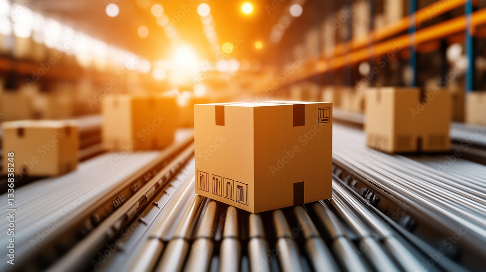 Poster cardboard boxes on conveyor belt in warehouse, illuminated by warm light, create dynamic and efficie