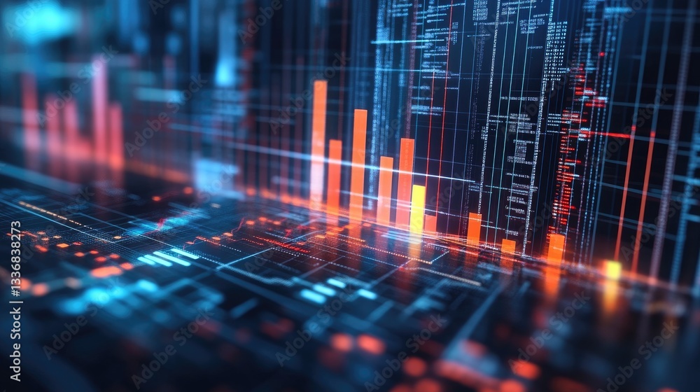 Poster modern digital business statistics concept with abstract bar charts and deep learning visualization.