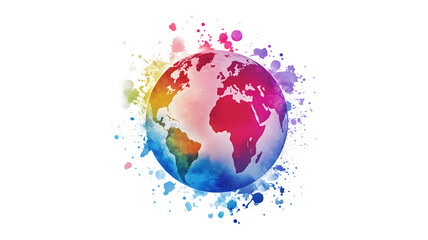 A colorful globe with splatters of paint on it. The globe is surrounded by a white background