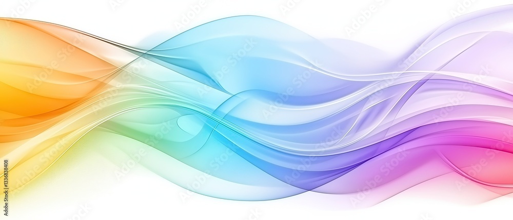 Poster colorful flowing waves in gradient hues create abstract design. smooth and dynamic lines on white ba