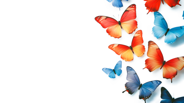 A colorful butterfly with a white background. The butterflies are in different colors and sizes, and they are flying in different directions. Concept of freedom and movement - Powered by Adobe