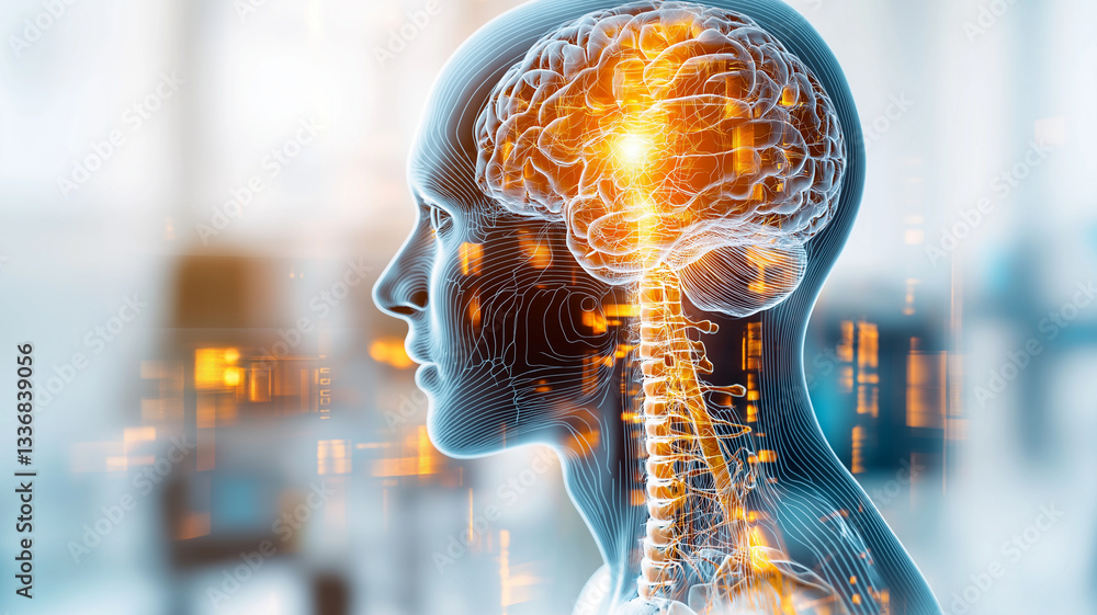 Poster detailed illustration of human brain anatomy showcasing neural connections and spinal structure, emp