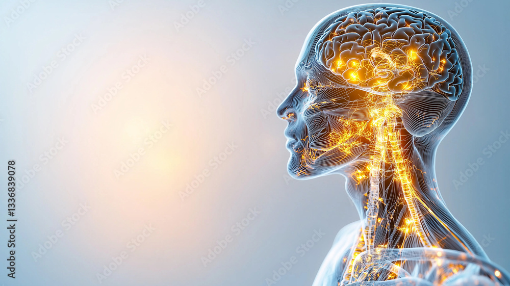 Poster detailed illustration of human brain anatomy with glowing neural connections, showcasing complexity 