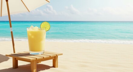 Refreshing lemonade with lime by the beach under an umbrella on a sunny day