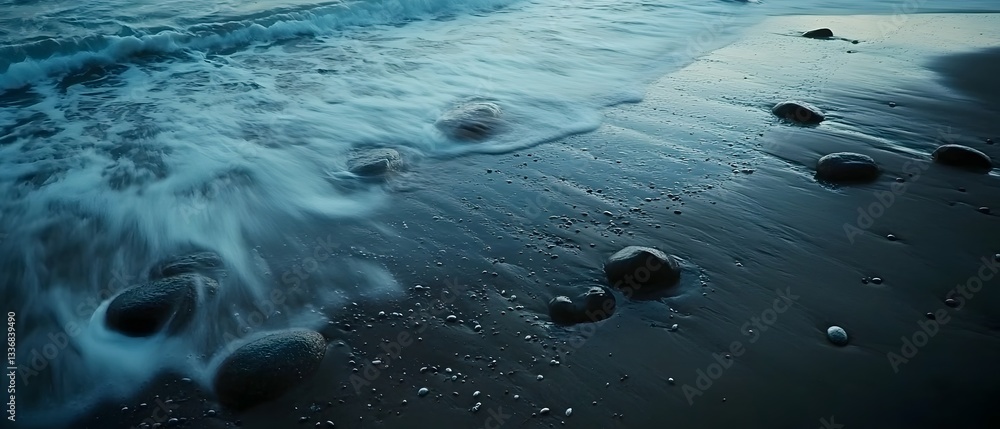 Poster moody coastal landscape with scattered rocks on the beach as waves roll in creating a serene and atm
