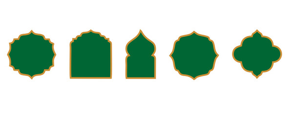 Ramadan window frame shapes. Islamic golden ribbons for text. Muslim mosque panel elements with ornament. Turkish tags set. Vector illustration