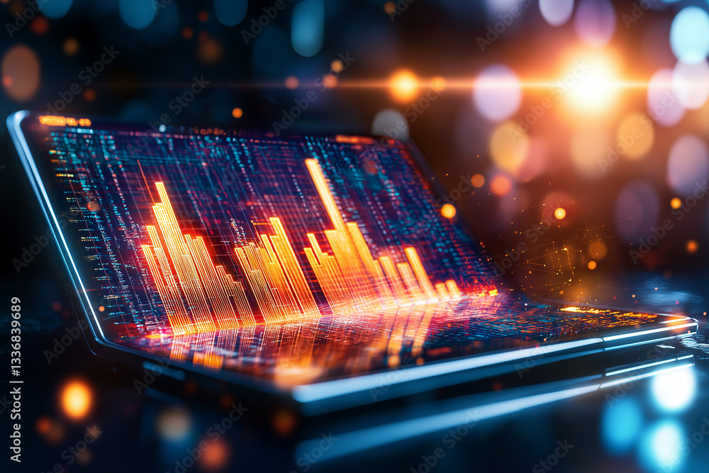 Poster laptop displaying vibrant bar chart and data visualization, showcasing rising trend with colorful li