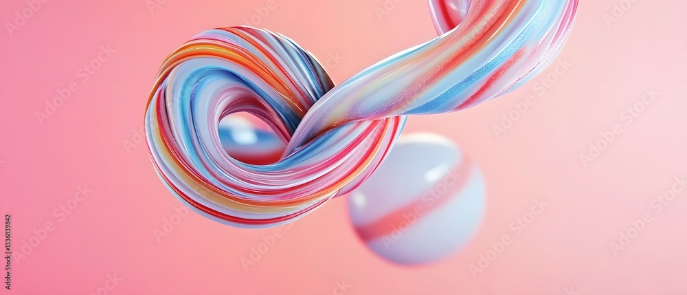 Poster visually striking abstract composition of a twisted distorted candy shape against a pastel backgroun