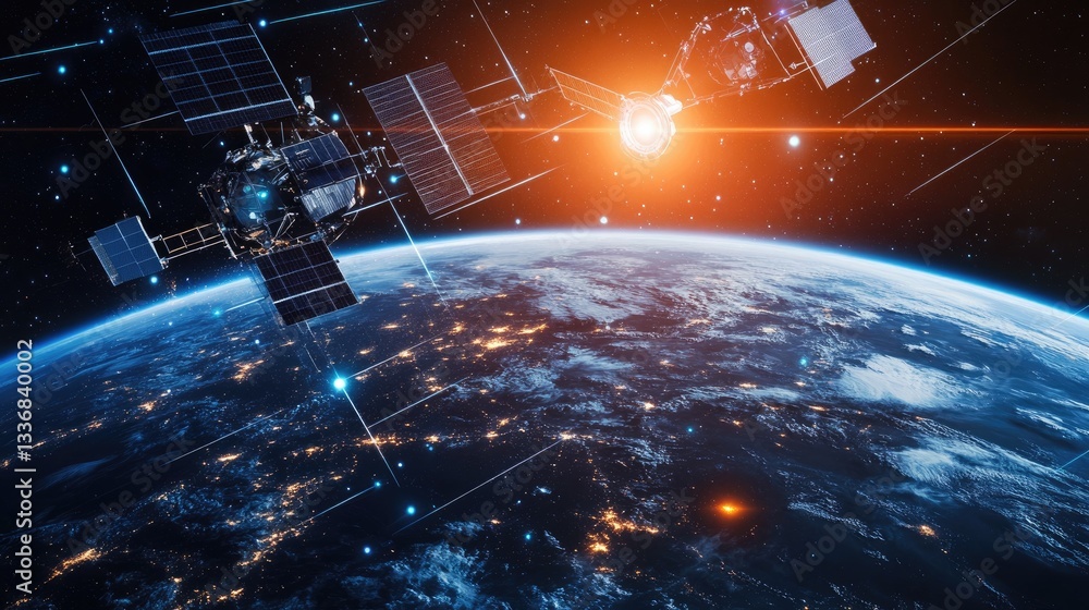 Poster satellite communication networks transmitting data across the globe.