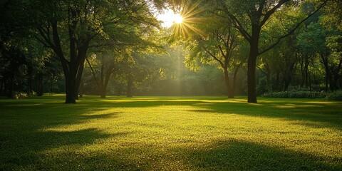 The bright sun is shining beautifully through the lush green trees in a lovely park