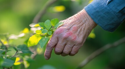 Close-up of a Hand Showing Redness and Swelling from Poison Ivy Exposure with Blisters against a Soft Focus Natural Background