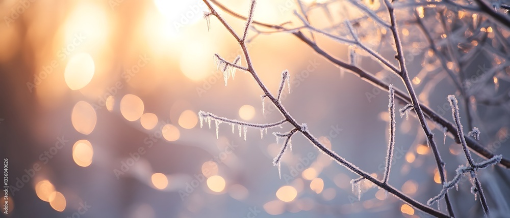 Poster close up view of delicate tree branches covered in intricate frost patterns illuminated by a warm br