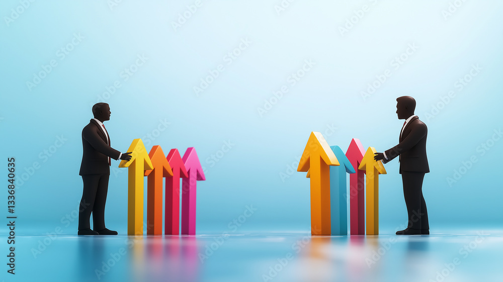 Poster two business figures facing each other with colorful arrows pointing upwards, symbolizing growth and