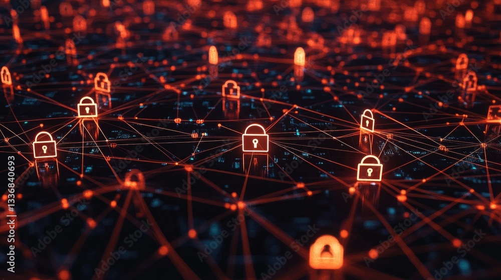Poster secure encrypted messaging concept with digital padlocks and communication lines.