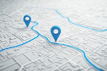 Fototapeta premium Stylized white map with blue route and pins for navigation