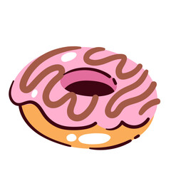 Pink glazed donut. Doughnut ring with candy strawberry icing and chocolate sprinkles. Patisserie, bakery mascot, sweet decorated donut for dessert cartoon vector illustration