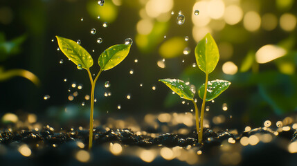 植物の芽に雨の雫が落ちる様子